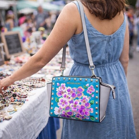 Artisan Handbags - Hand Painted Purse Crossbody Bag Medium Messenger Saffiano Leather Gold Studded